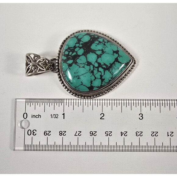 Sterling Silver Large Turquoise Pendant Heavy 42g Teardrop Beautiful - Picture 7 of 9